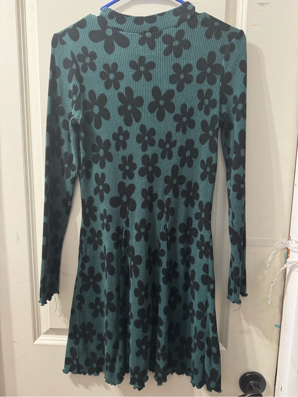 SO Teal & Black Floral Ribbed Long Sleeve Dress